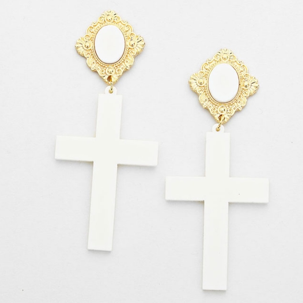 White and Gold Cross Dangle Earrings 3 Inches